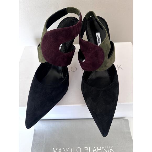 New Manolo Blahnik Suede Pumps Multicolor Black Green Pointy Toe Sz 37 Womens - Picture 2 of 7